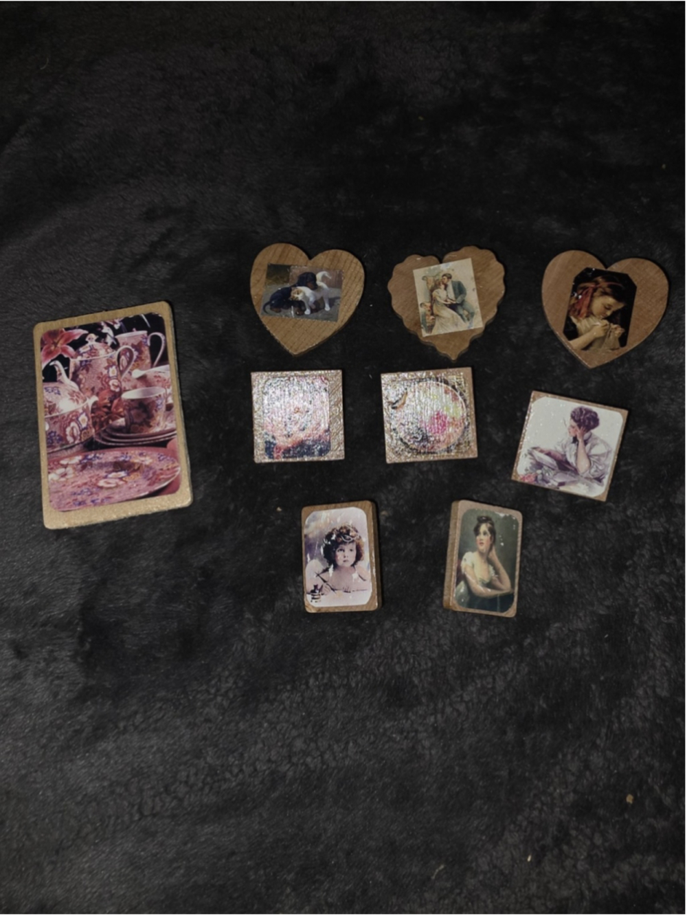 Lot of 9 Vintage Wooden Decoupage Brooch Pins Romantic Cottagecore Victorian Art